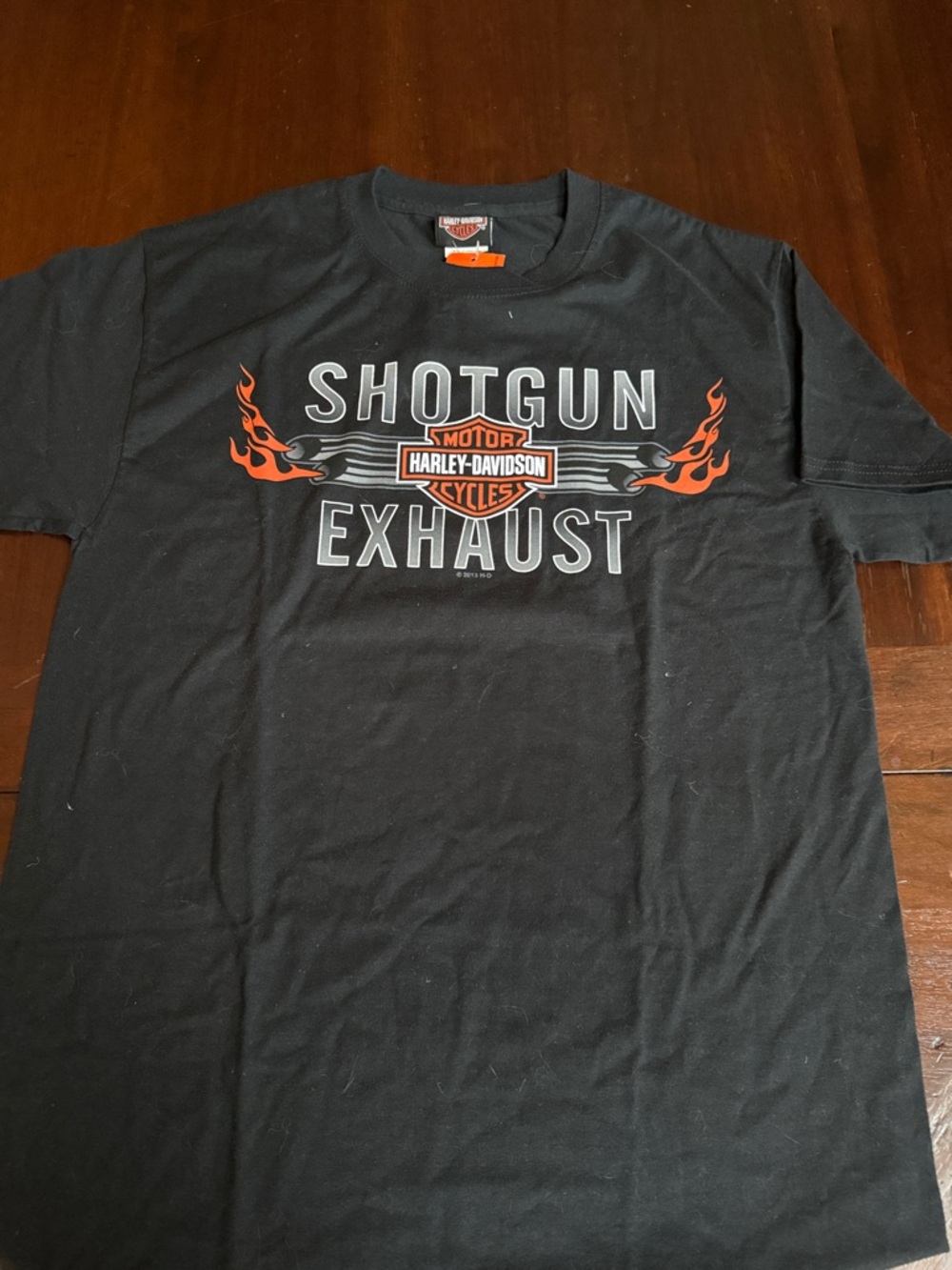 Harley-Davidson Black T-Shirt with Orange & White Shotgun Exhaust Graphic